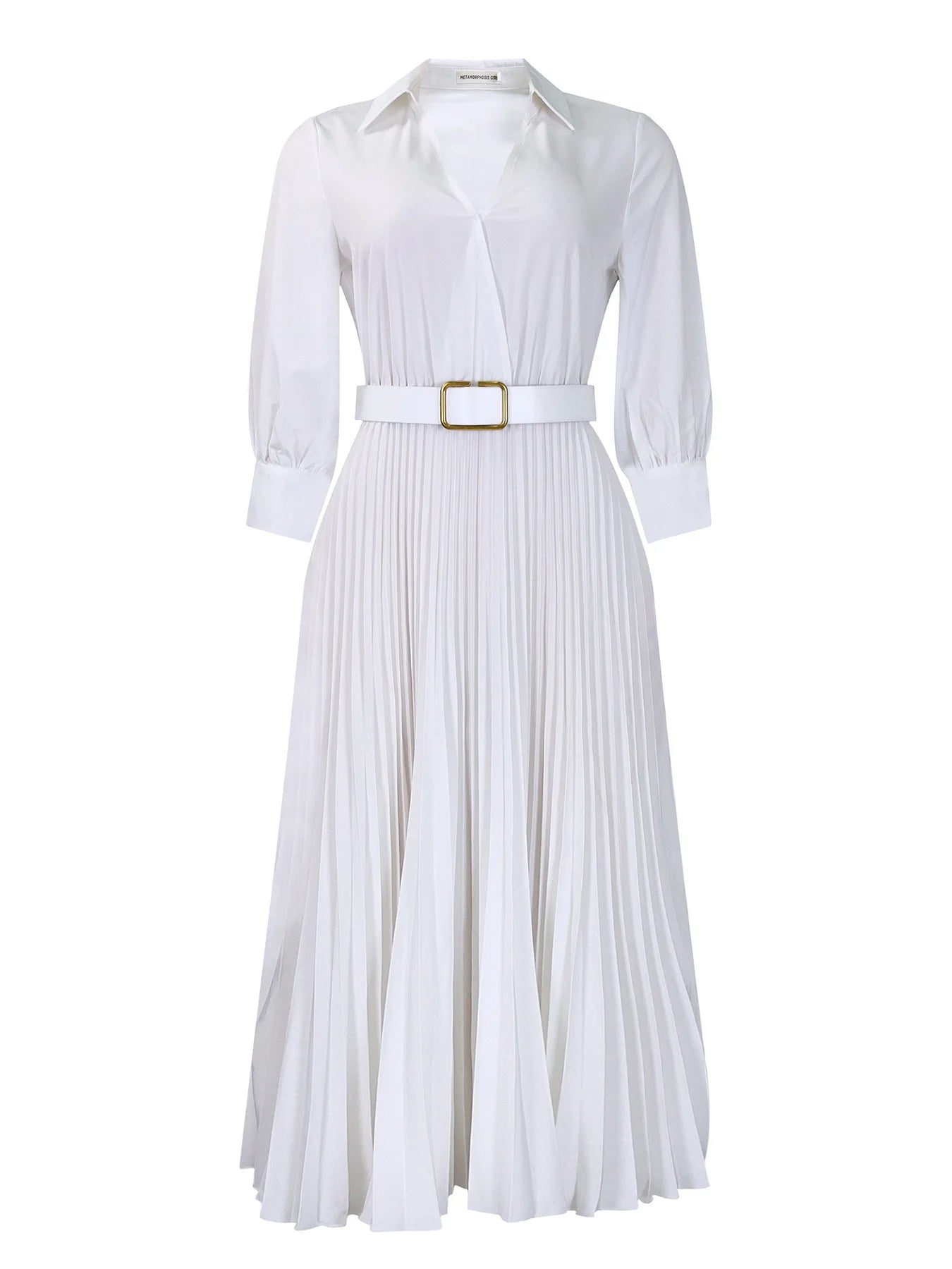 White Pleated Dress Women V Neck Full Sleeve Dresses