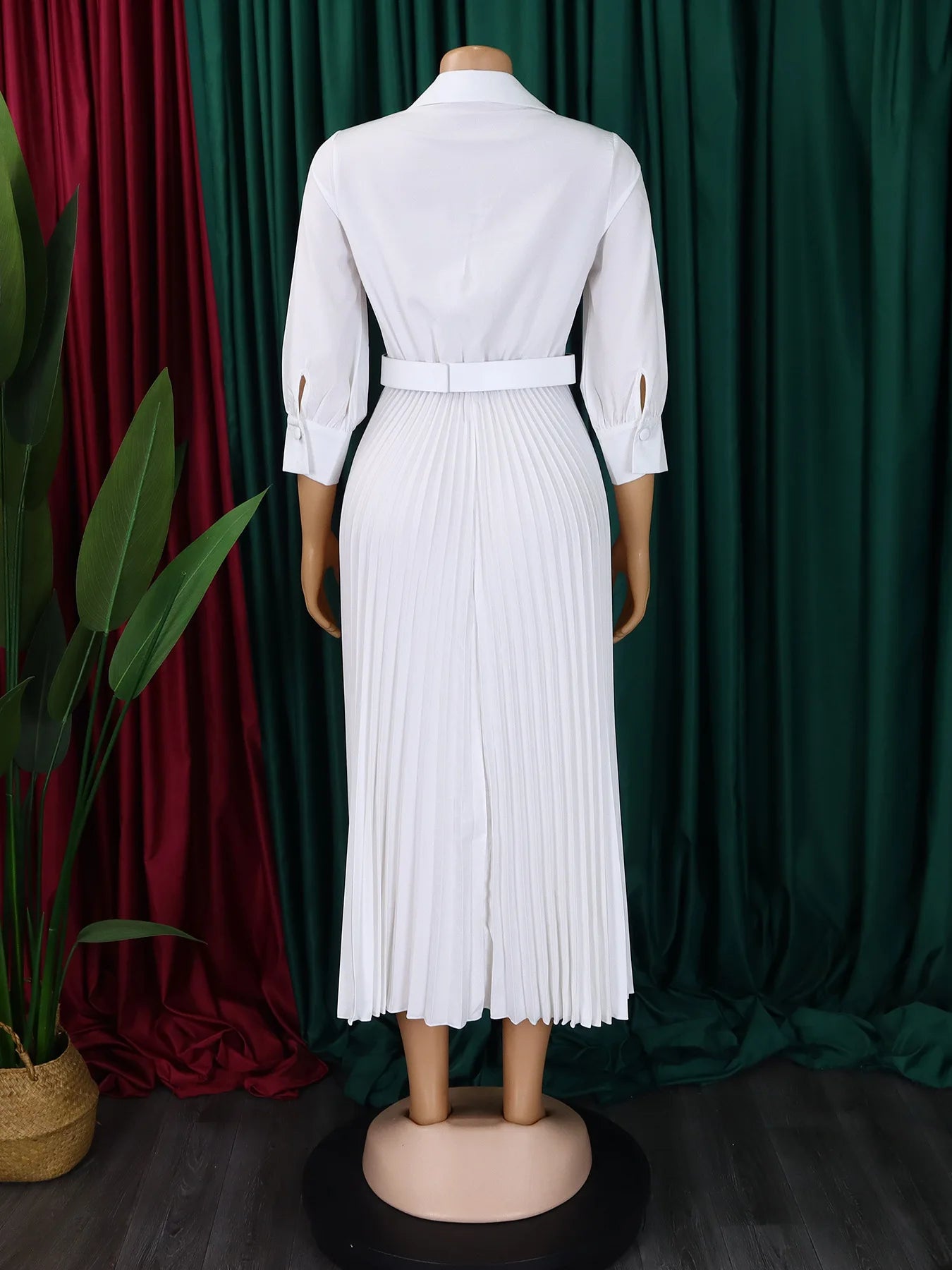 White Pleated Dress Women V Neck Full Sleeve Dresses