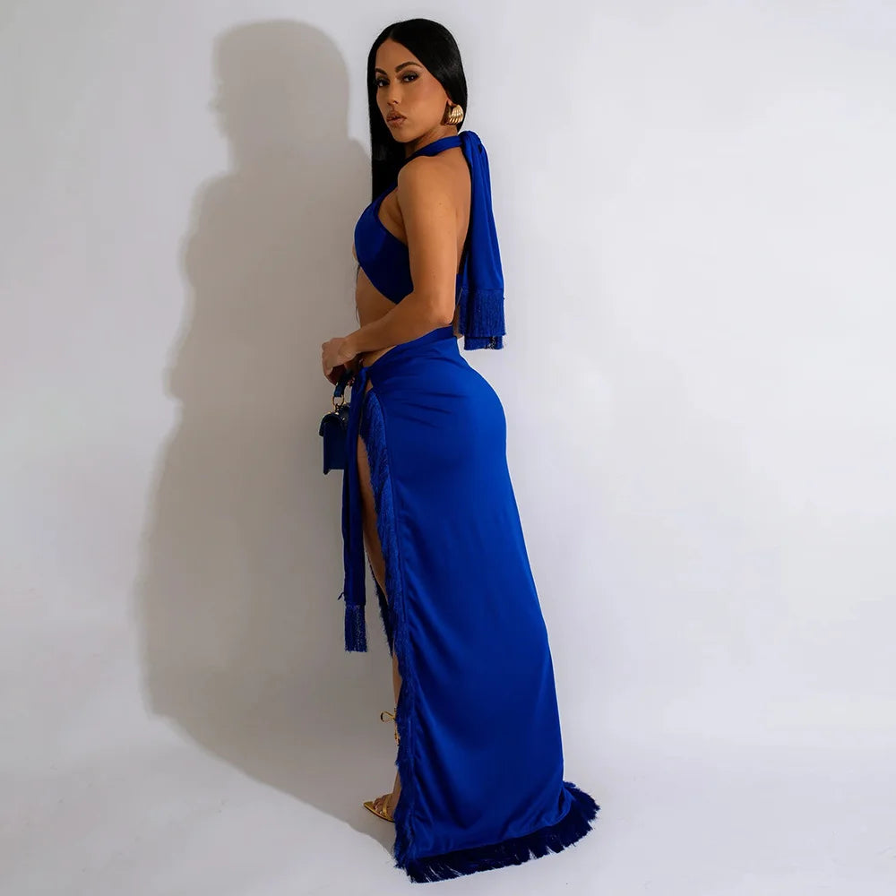 CM.YAYA Women's Set Strapless Crop Top + Ruched Split Tassel Long