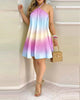 Tropical Print Halter Neck Dress, Vacation Style Backless