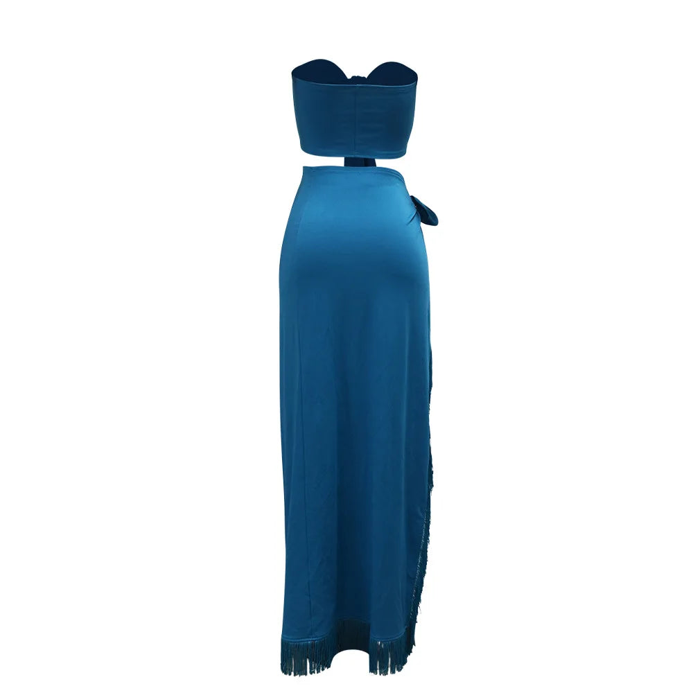 CM.YAYA Women's Set Strapless Crop Top + Ruched Split Tassel Long