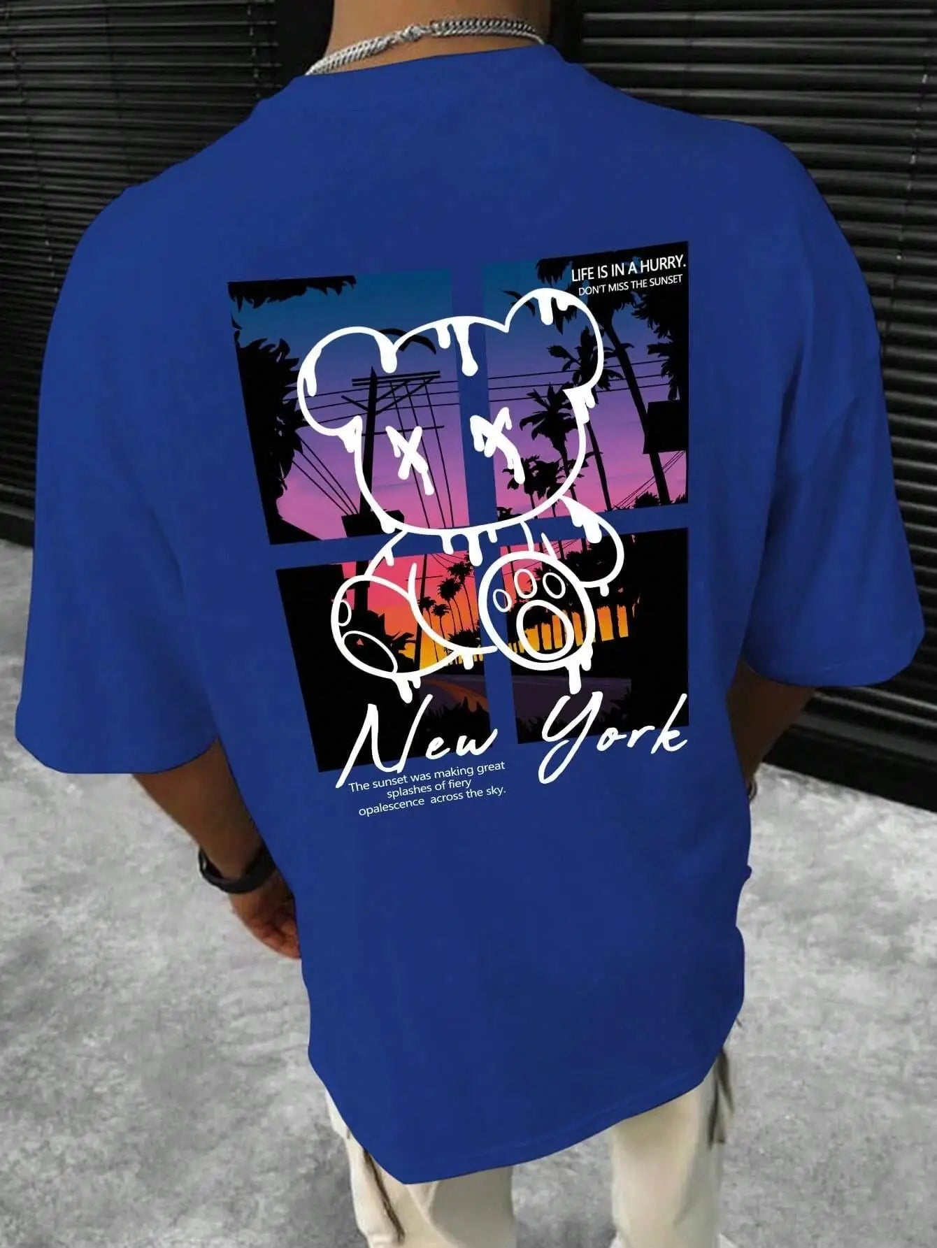 New York Art Word Cartoon Bear Sunset Scenery Design T Shirts Men