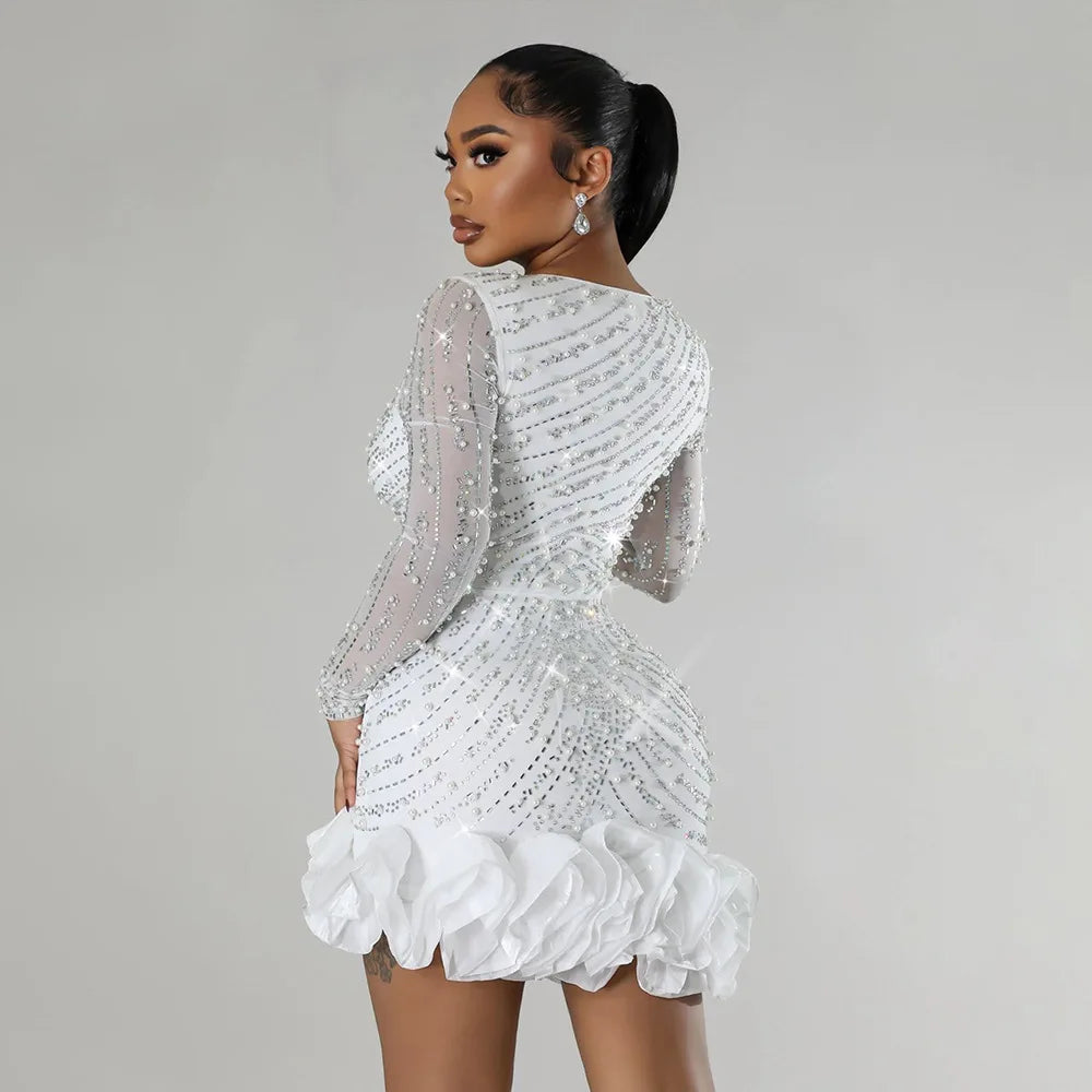 2025 Long Sleeve V Neck Transparent Club Dress Sexy Glittering