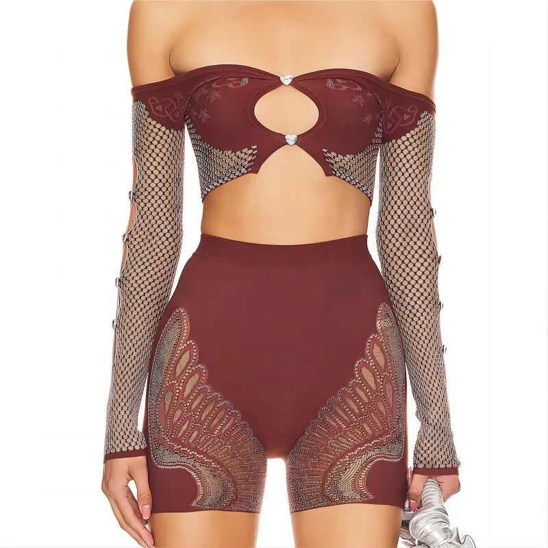 Women 2 Piece Set Print Patchwork  Sexy Rhinestone