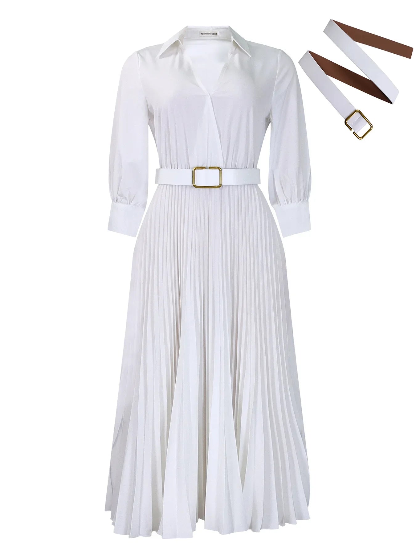 White Pleated Dress Women V Neck Full Sleeve Dresses