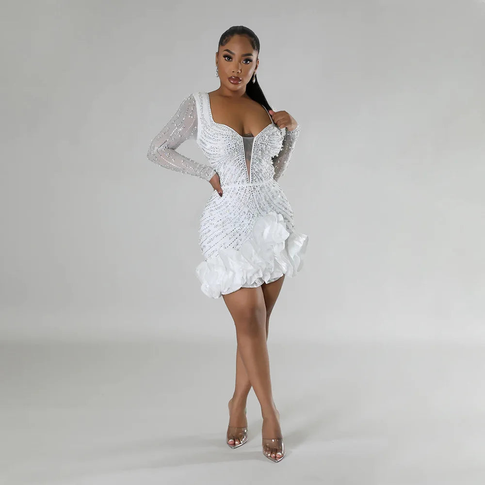 2025 Long Sleeve V Neck Transparent Club Dress Sexy Glittering