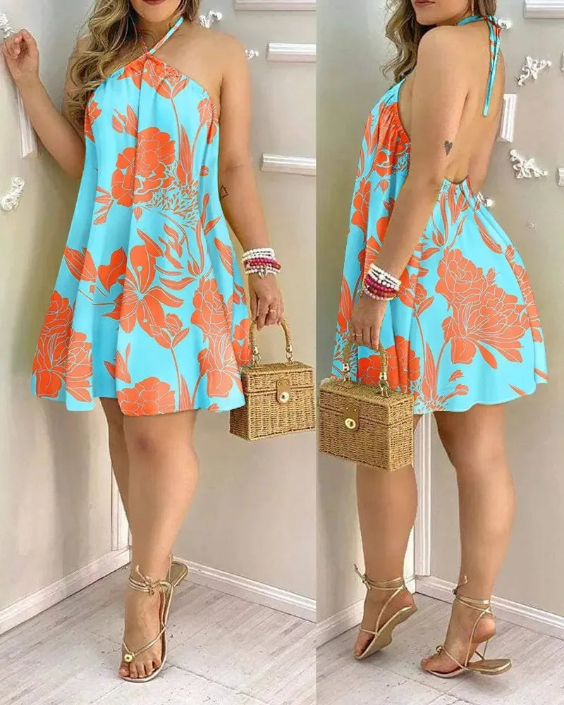 Tropical Print Halter Neck Dress, Vacation Style Backless