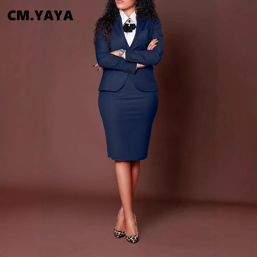 CM.YAYA Women's Set Full Sleeve Button Blazer + Skirts Suit