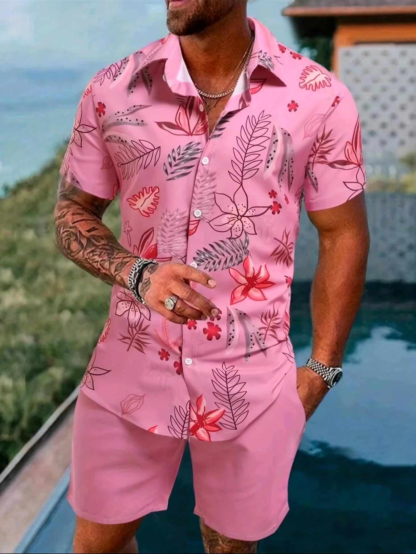 2025 Summer Bestselling Men's Suit, Colorful Floral Print Lapel Men's Shirt Short Sleeves,