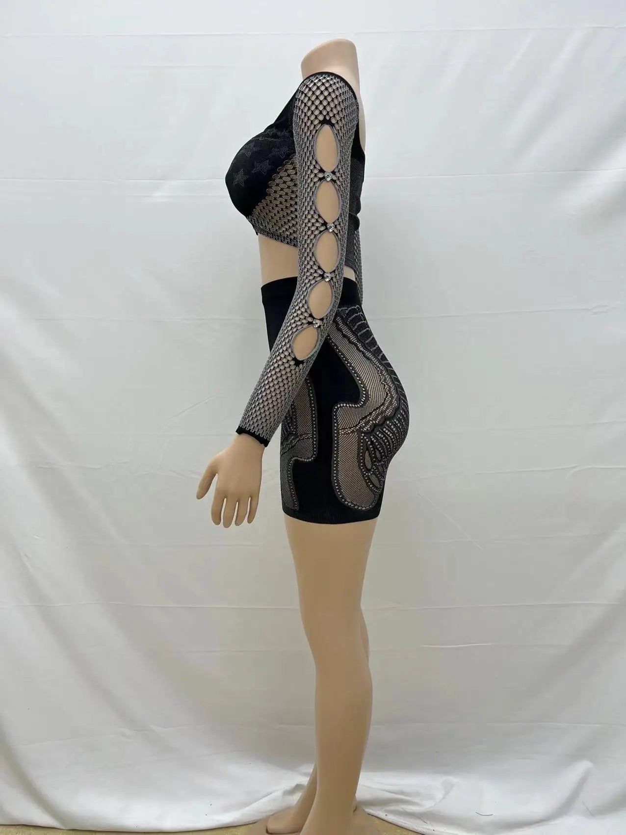 Women 2 Piece Set Print Patchwork  Sexy Rhinestone