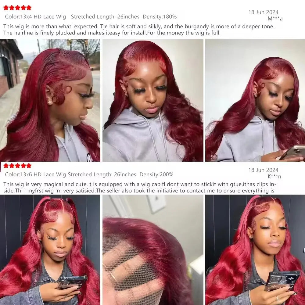 200% Body Wave Wig Burgundy 99J Lace Front Wig 13x4 13x6 HD Lace Frontal Wig