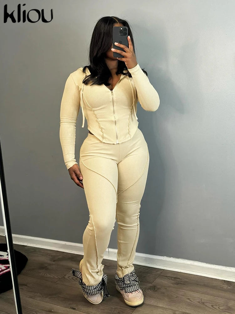 kliou Casual Sporty 2 Piece Set Women Concise Irregular Full Sleeve