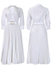 White Pleated Dress Women V Neck Full Sleeve Dresses