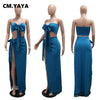 CM.YAYA Women's Set Strapless Crop Top + Ruched Split Tassel Long