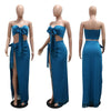 CM.YAYA Women's Set Strapless Crop Top + Ruched Split Tassel Long