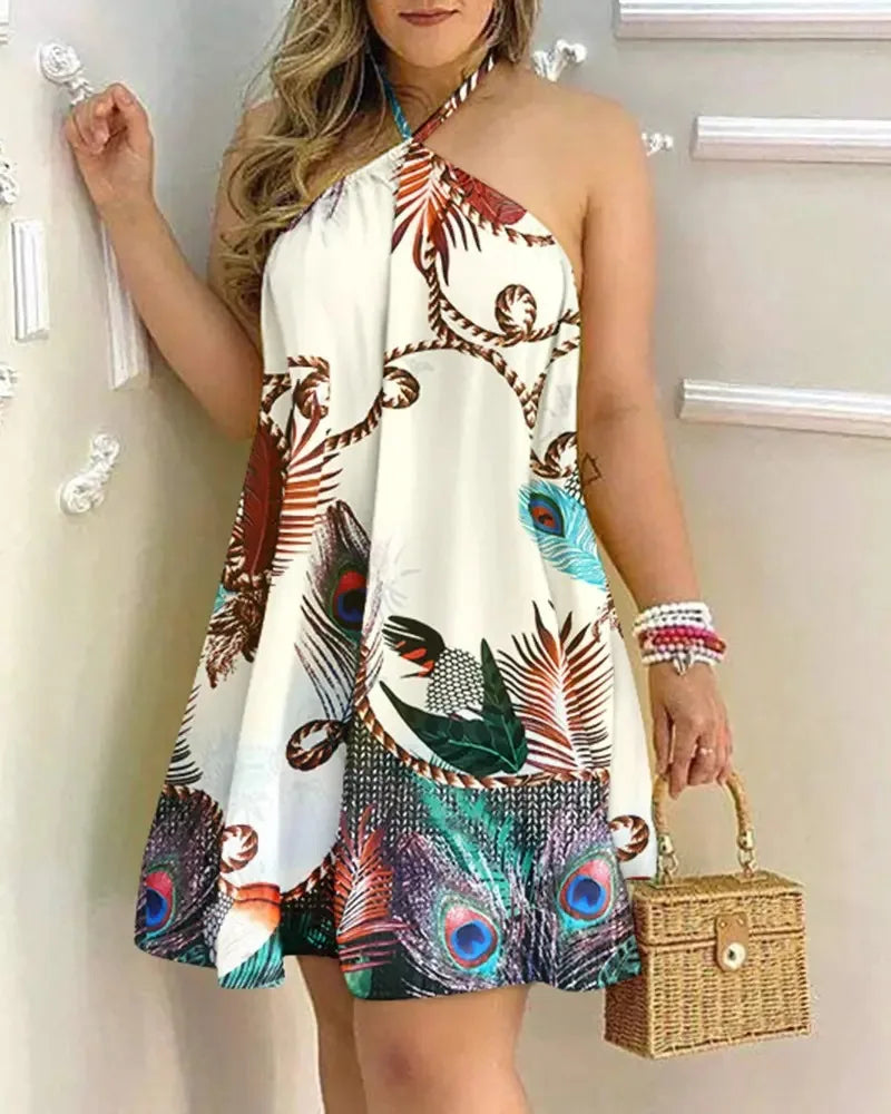 Tropical Print Halter Neck Dress, Vacation Style Backless