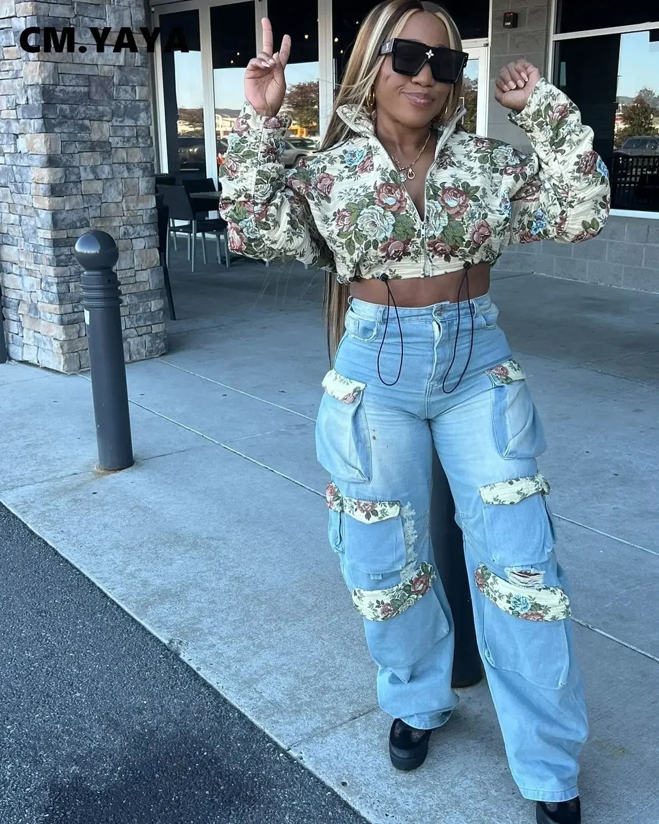 CM.YAYA Washed Denim Women's Set Full Sleeve Floral Jacket