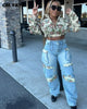 CM.YAYA Washed Denim Women's Set Full Sleeve Floral Jacket
