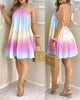 Tropical Print Halter Neck Dress, Vacation Style Backless