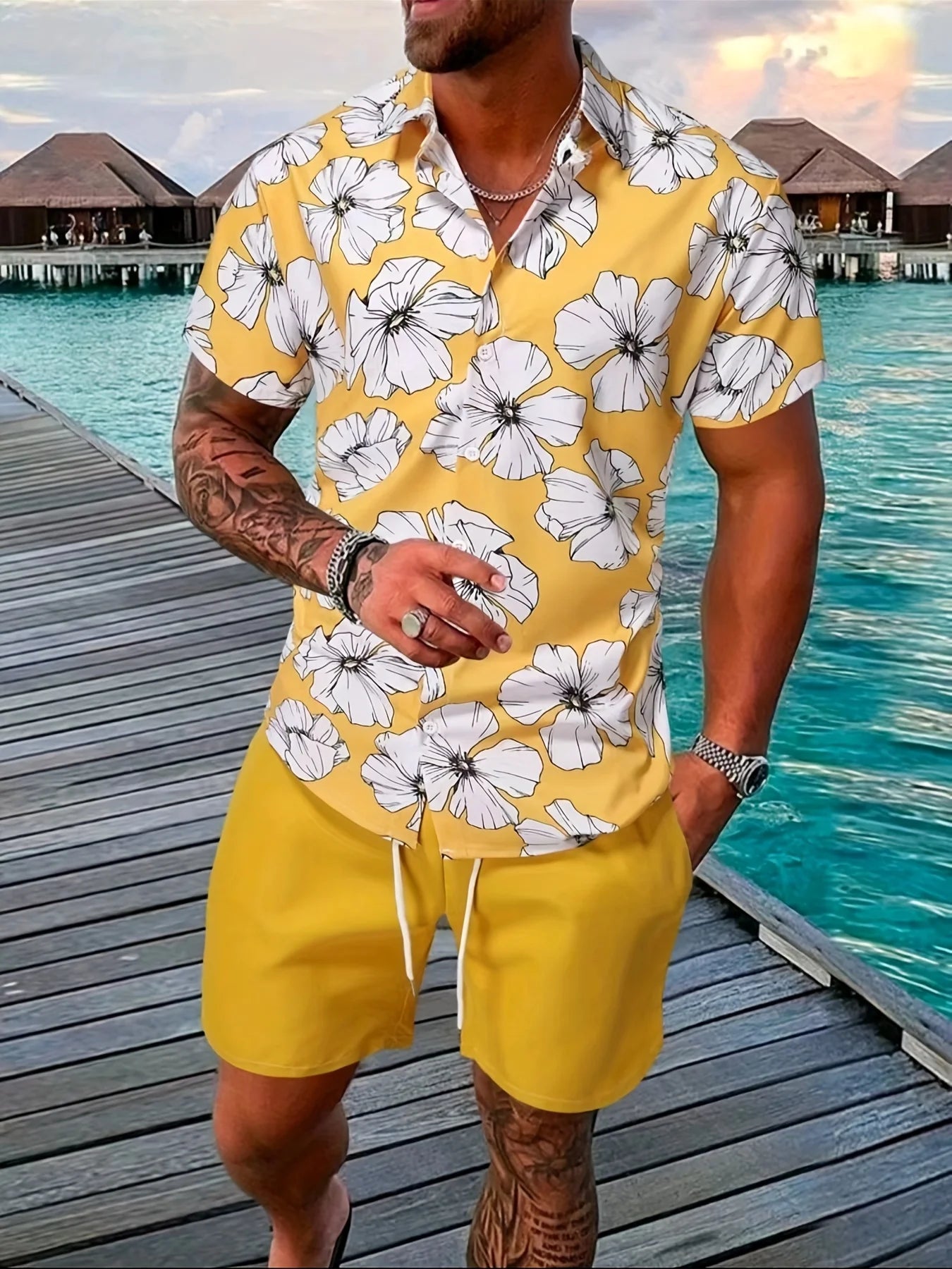 2025 Summer Bestselling Men's Suit, Colorful Floral Print Lapel Men's Shirt Short Sleeves,