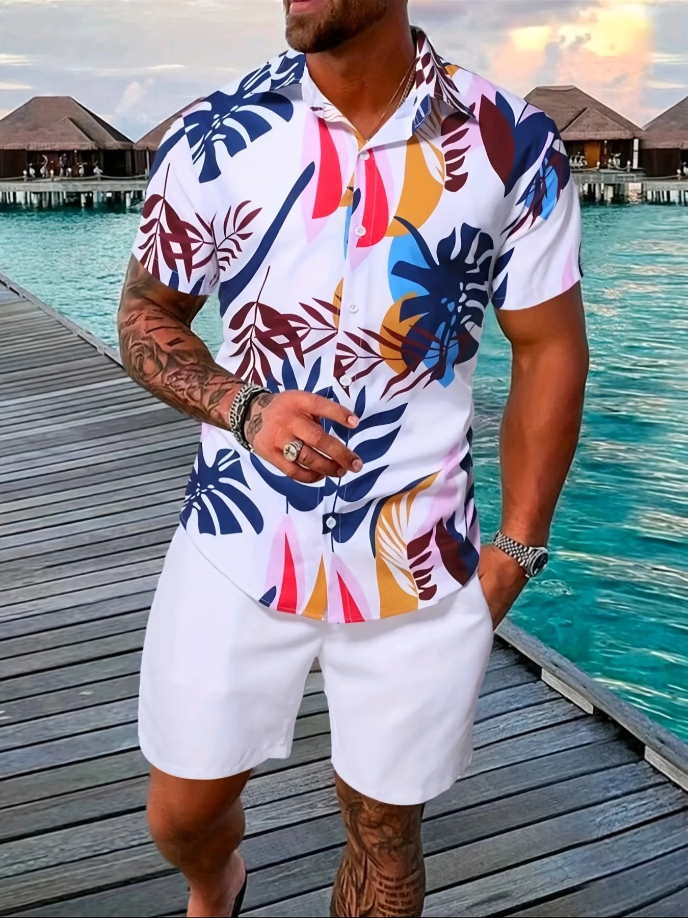 2025 Summer Bestselling Men's Suit, Colorful Floral Print Lapel Men's Shirt Short Sleeves,