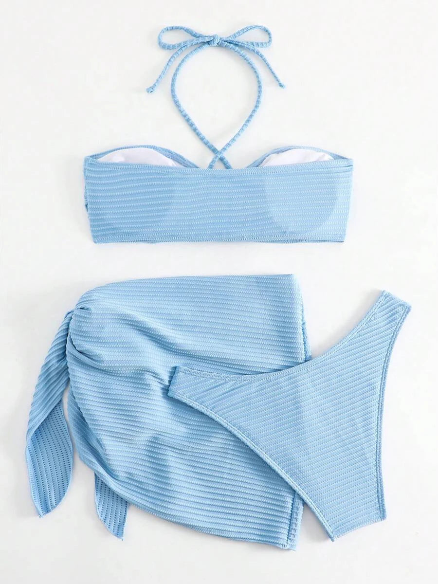 2025 Solid Halter String 3 Piece Bikini String Skirt Swimsuit