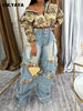 CM.YAYA Washed Denim Women's Set Full Sleeve Floral Jacket