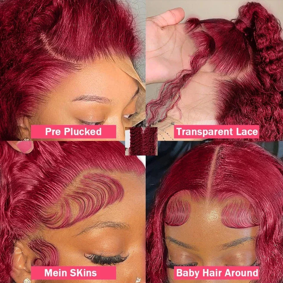 200% 99J Burgundy Deep Wave 13x6 HD Lace Frontal Human Hair Wig