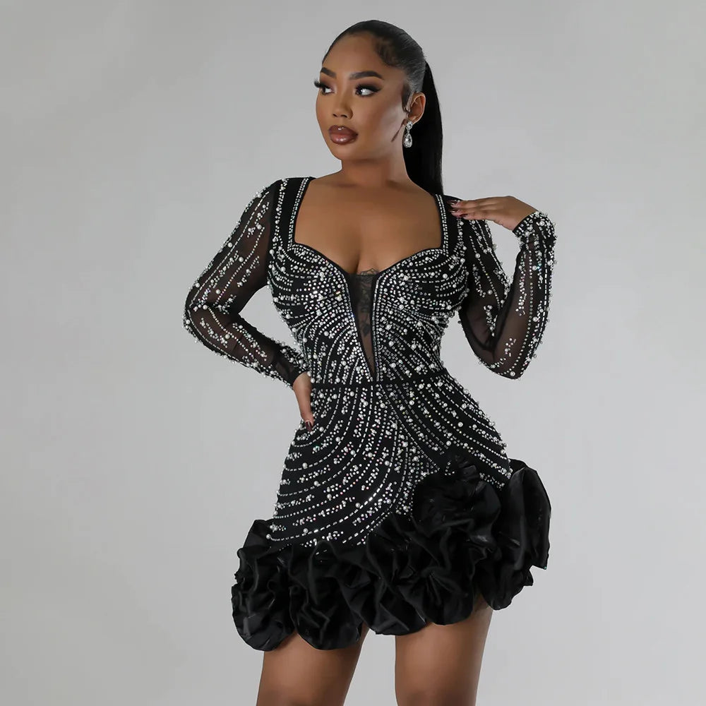 2025 Long Sleeve V Neck Transparent Club Dress Sexy Glittering