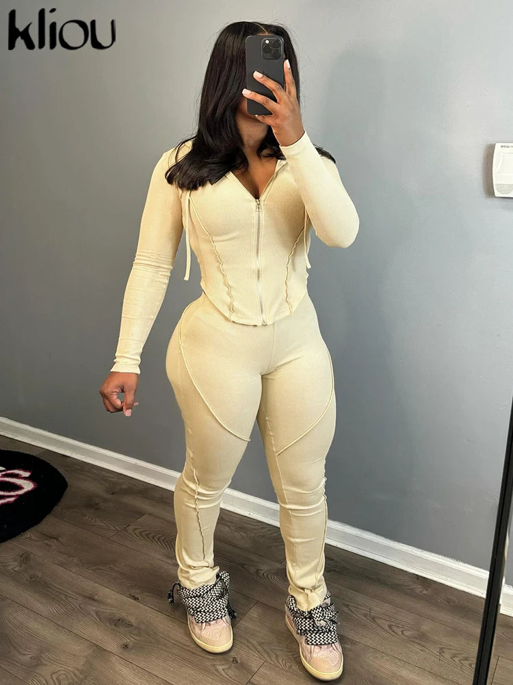 kliou Casual Sporty 2 Piece Set Women Concise Irregular Full Sleeve