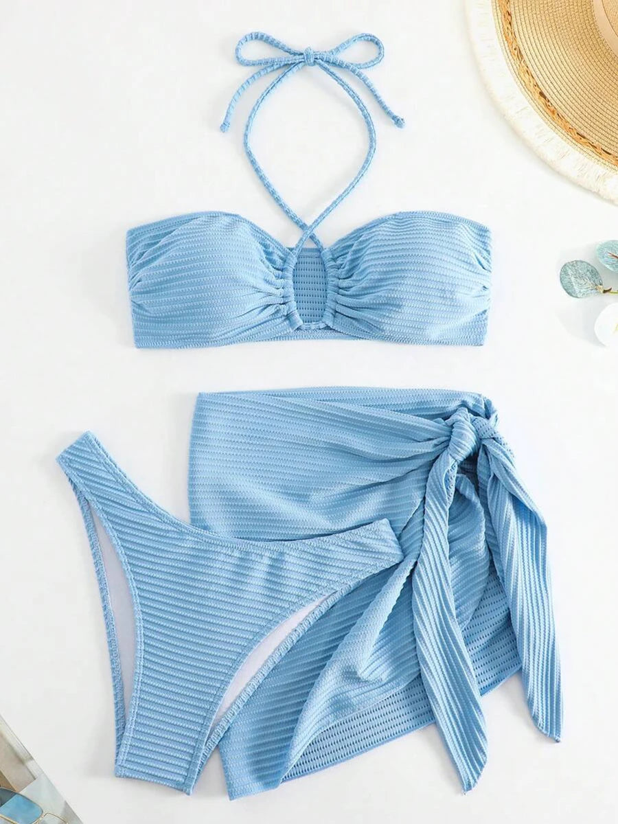 2025 Solid Halter String 3 Piece Bikini String Skirt Swimsuit