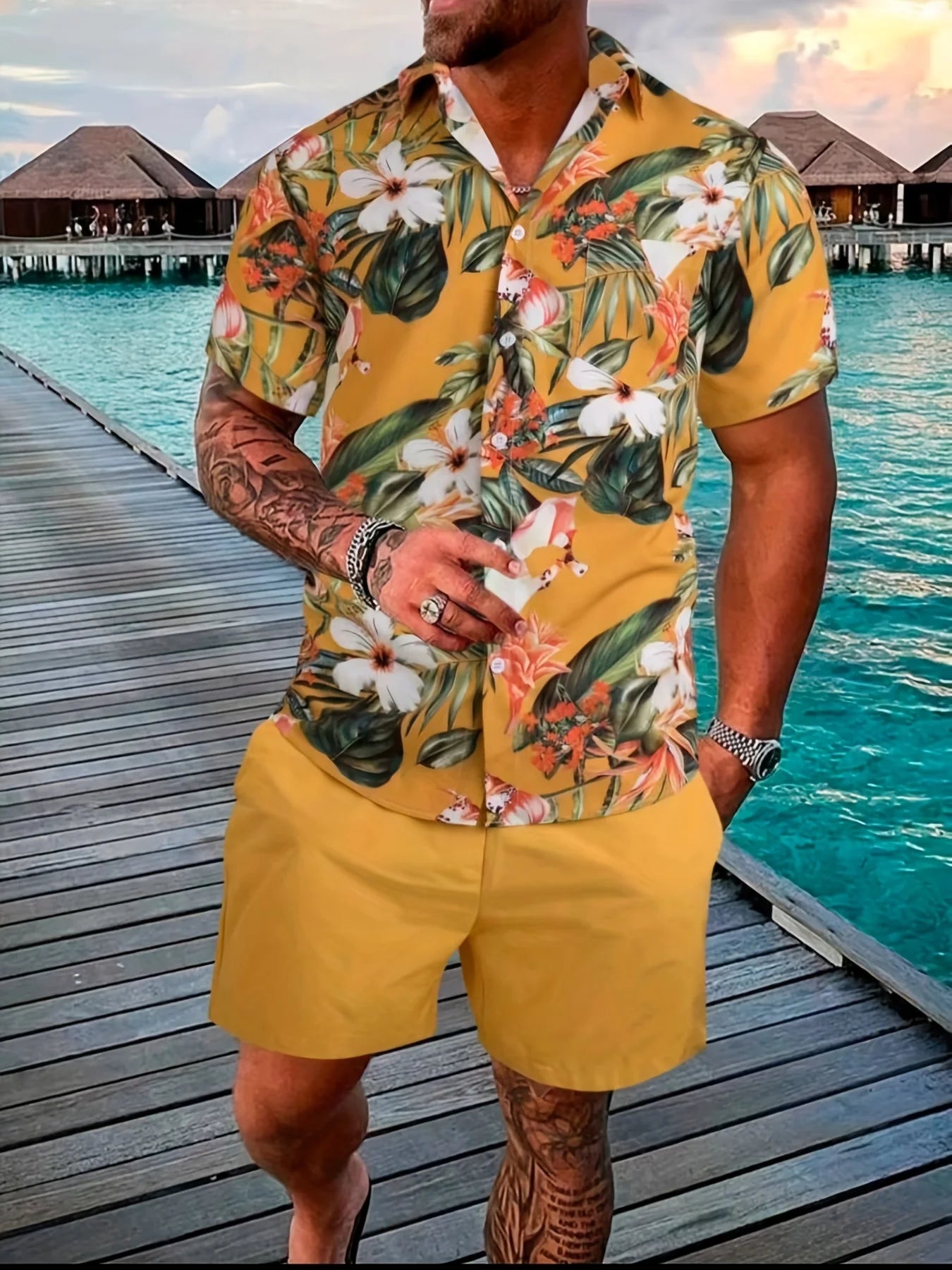 2025 Summer Bestselling Men's Suit, Colorful Floral Print Lapel Men's Shirt Short Sleeves,