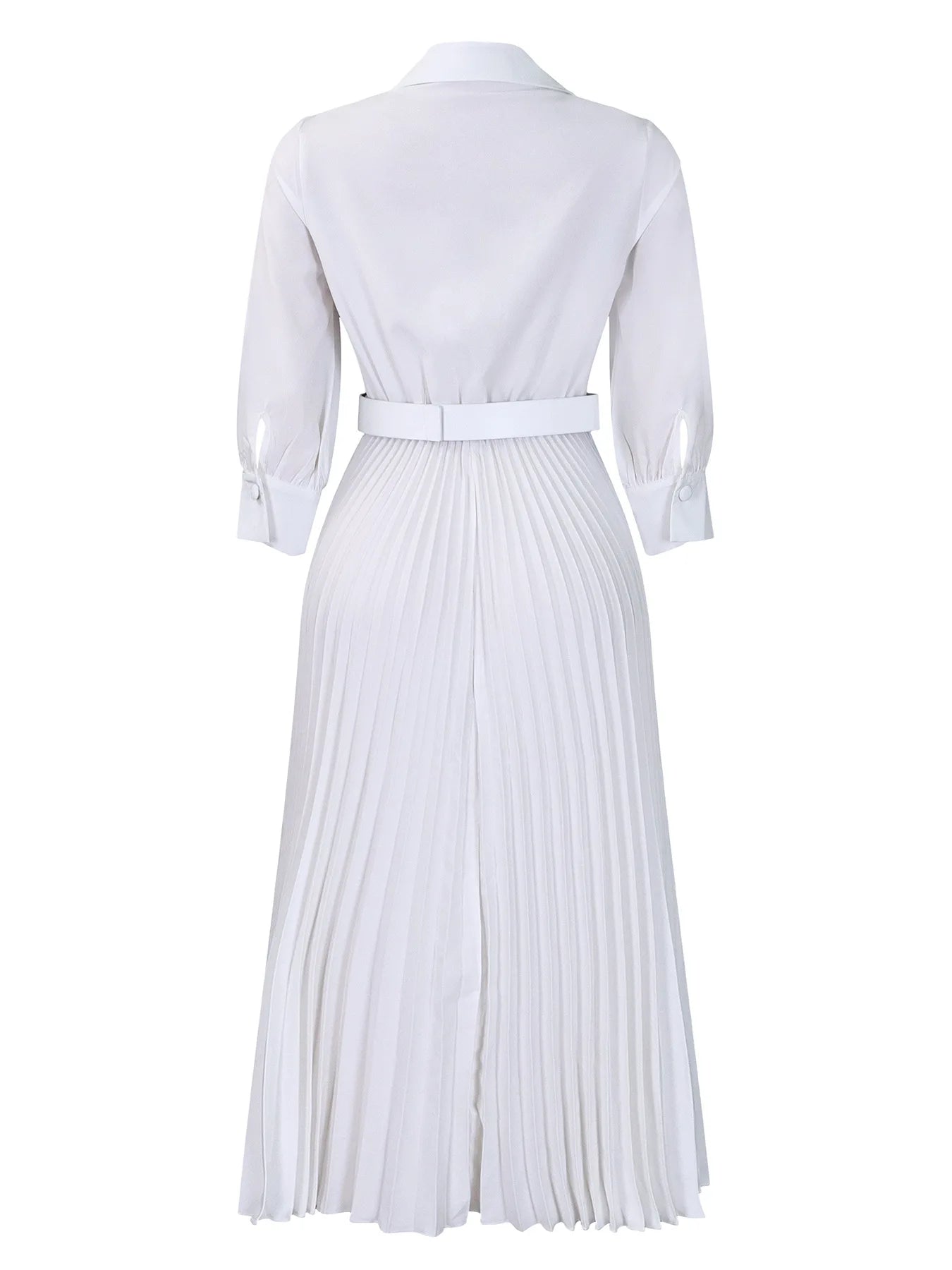 White Pleated Dress Women V Neck Full Sleeve Dresses