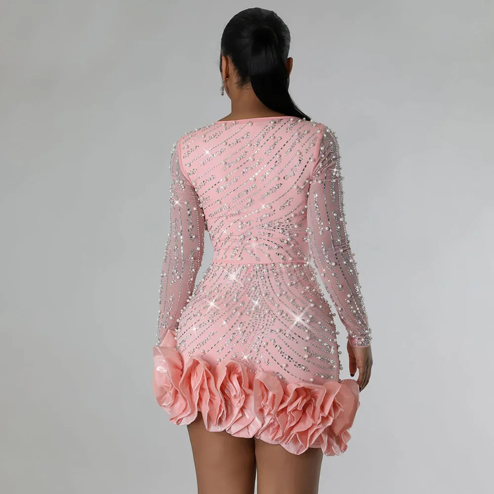 2025 Long Sleeve V Neck Transparent Club Dress Sexy Glittering