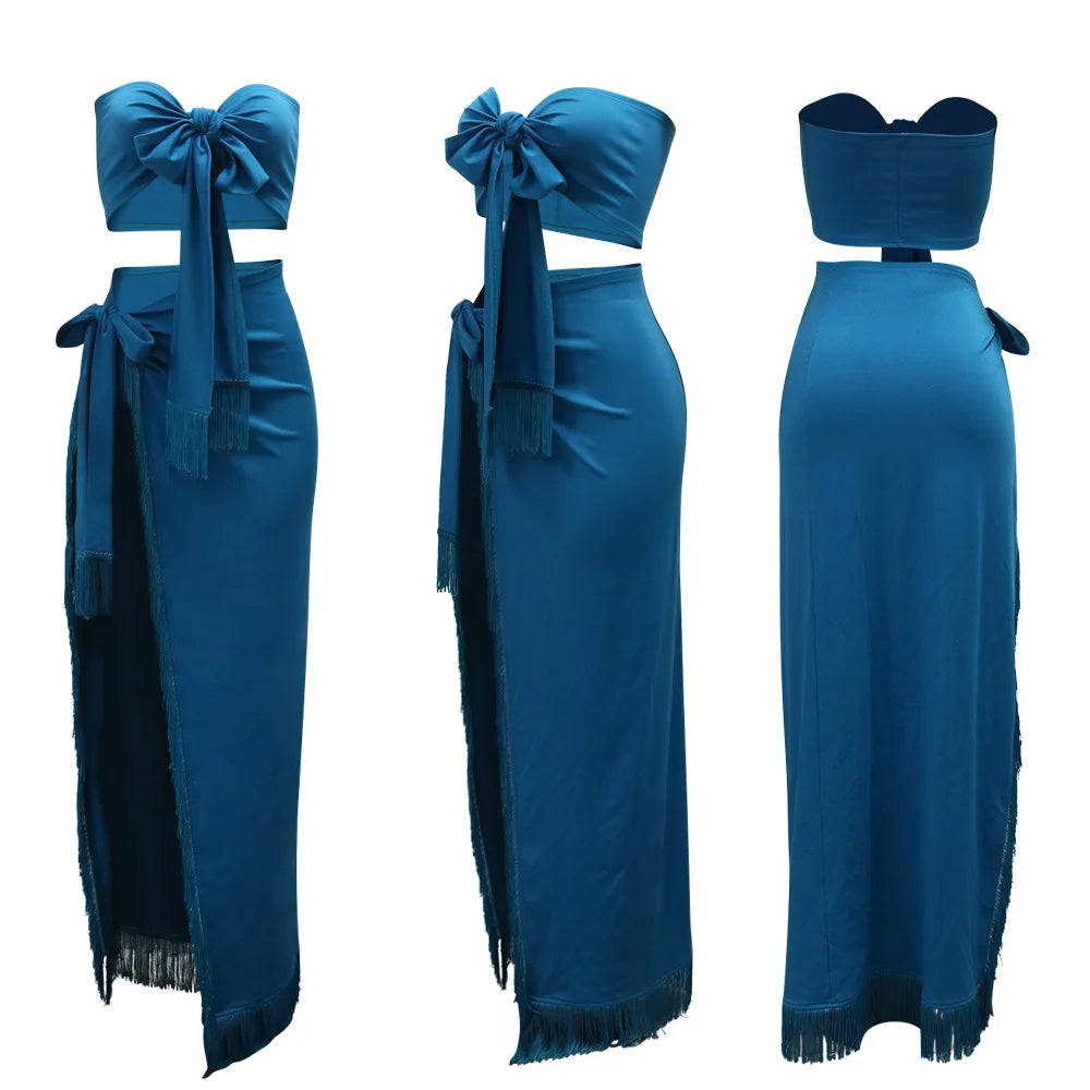 CM.YAYA Women's Set Strapless Crop Top + Ruched Split Tassel Long