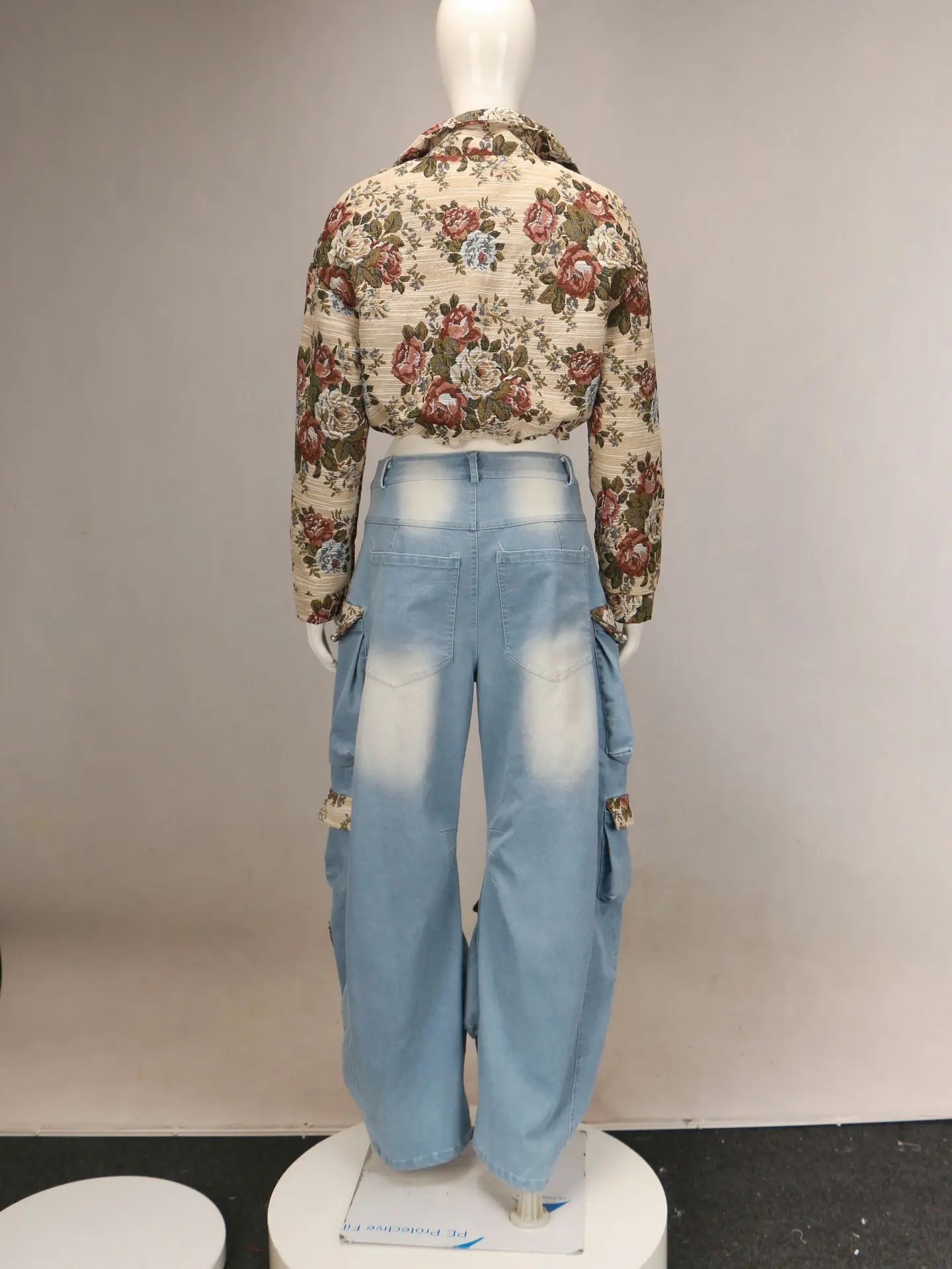 CM.YAYA Washed Denim Women's Set Full Sleeve Floral Jacket