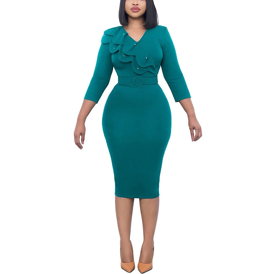 Elegant Office Dresses for Women V Neck Full Sleeve Ruffles Belt Waisted Package