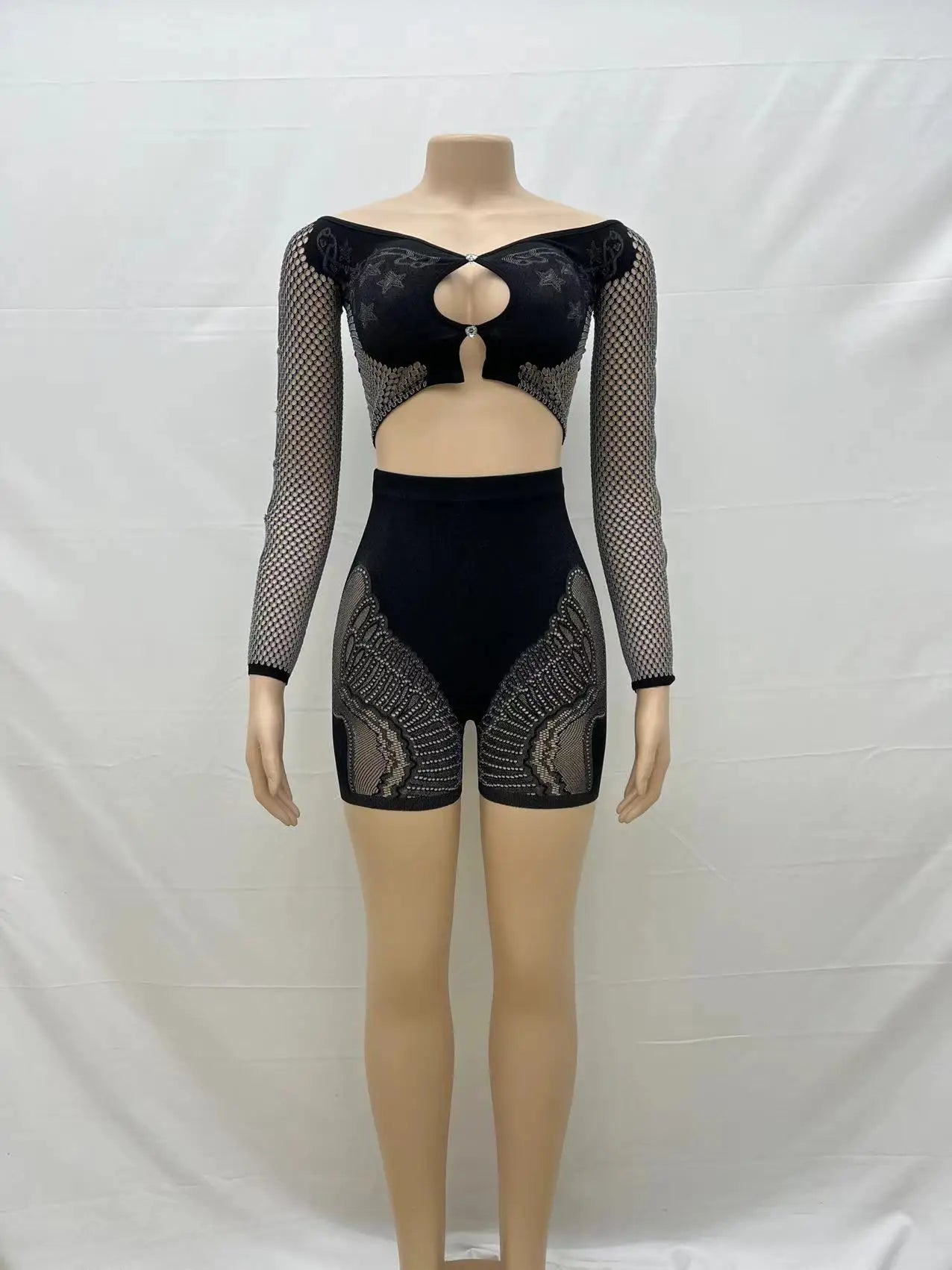 Women 2 Piece Set Print Patchwork  Sexy Rhinestone