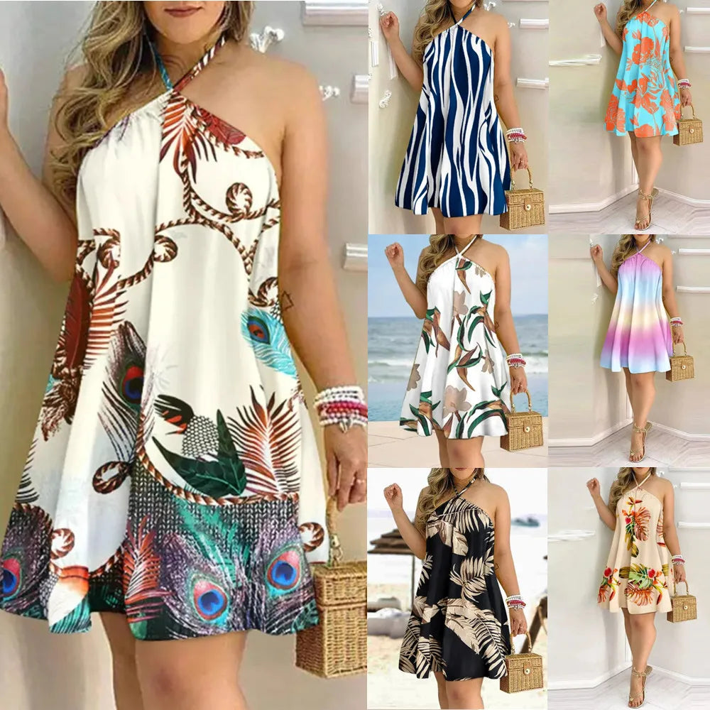 Tropical Print Halter Neck Dress, Vacation Style Backless