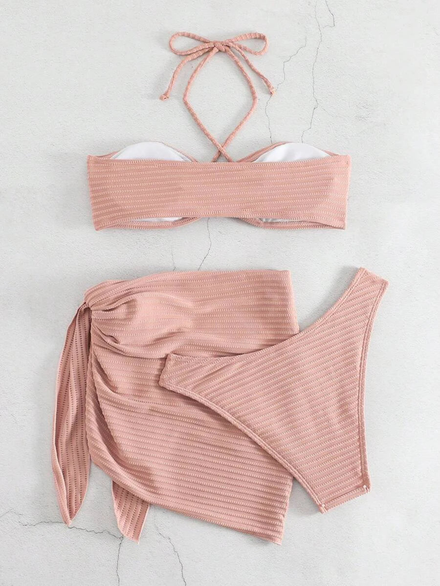 2025 Solid Halter String 3 Piece Bikini String Skirt Swimsuit