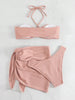 2025 Solid Halter String 3 Piece Bikini String Skirt Swimsuit