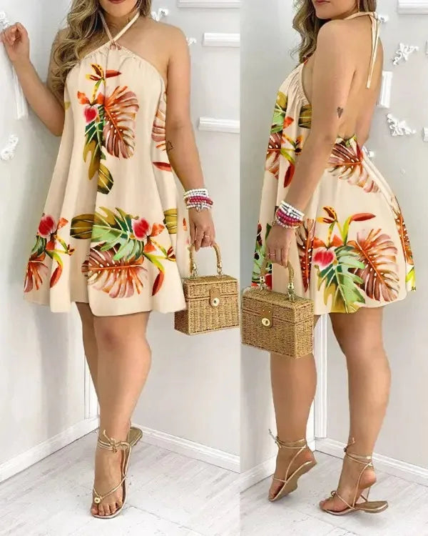 Tropical Print Halter Neck Dress, Vacation Style Backless