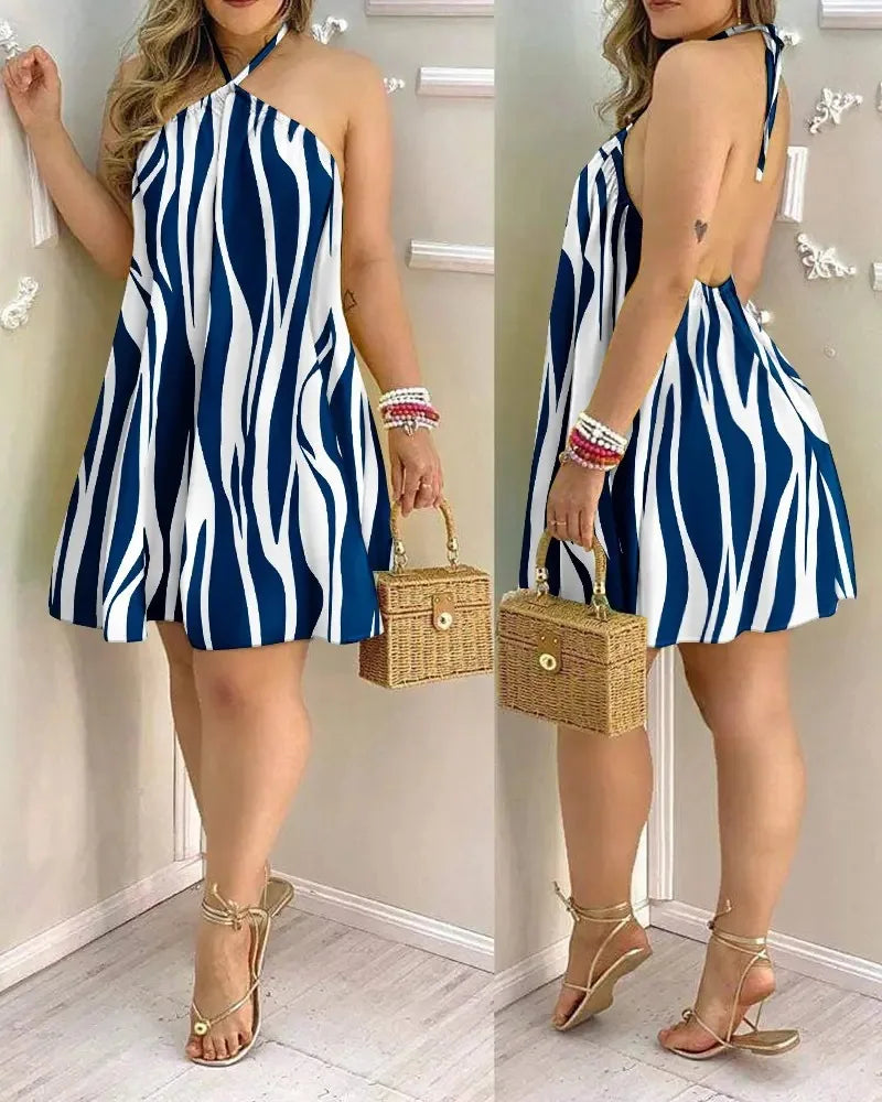 Tropical Print Halter Neck Dress, Vacation Style Backless