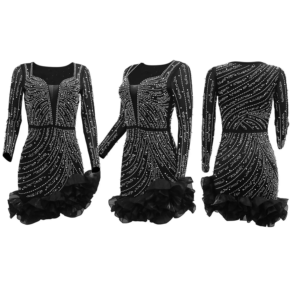 2025 Long Sleeve V Neck Transparent Club Dress Sexy Glittering
