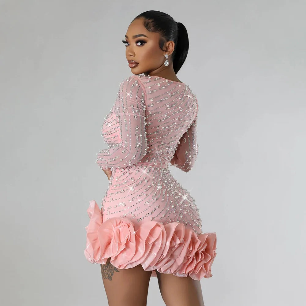 2025 Long Sleeve V Neck Transparent Club Dress Sexy Glittering