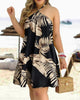 Tropical Print Halter Neck Dress, Vacation Style Backless