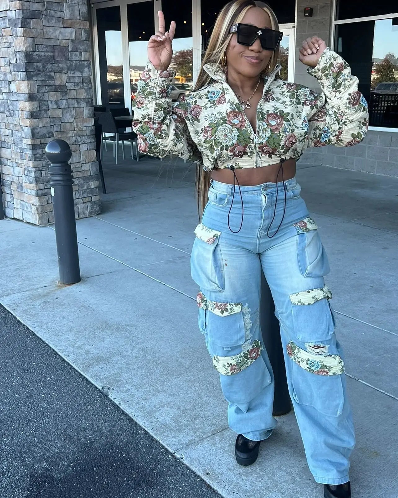 CM.YAYA Washed Denim Women's Set Full Sleeve Floral Jacket