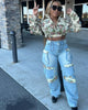 CM.YAYA Washed Denim Women's Set Full Sleeve Floral Jacket