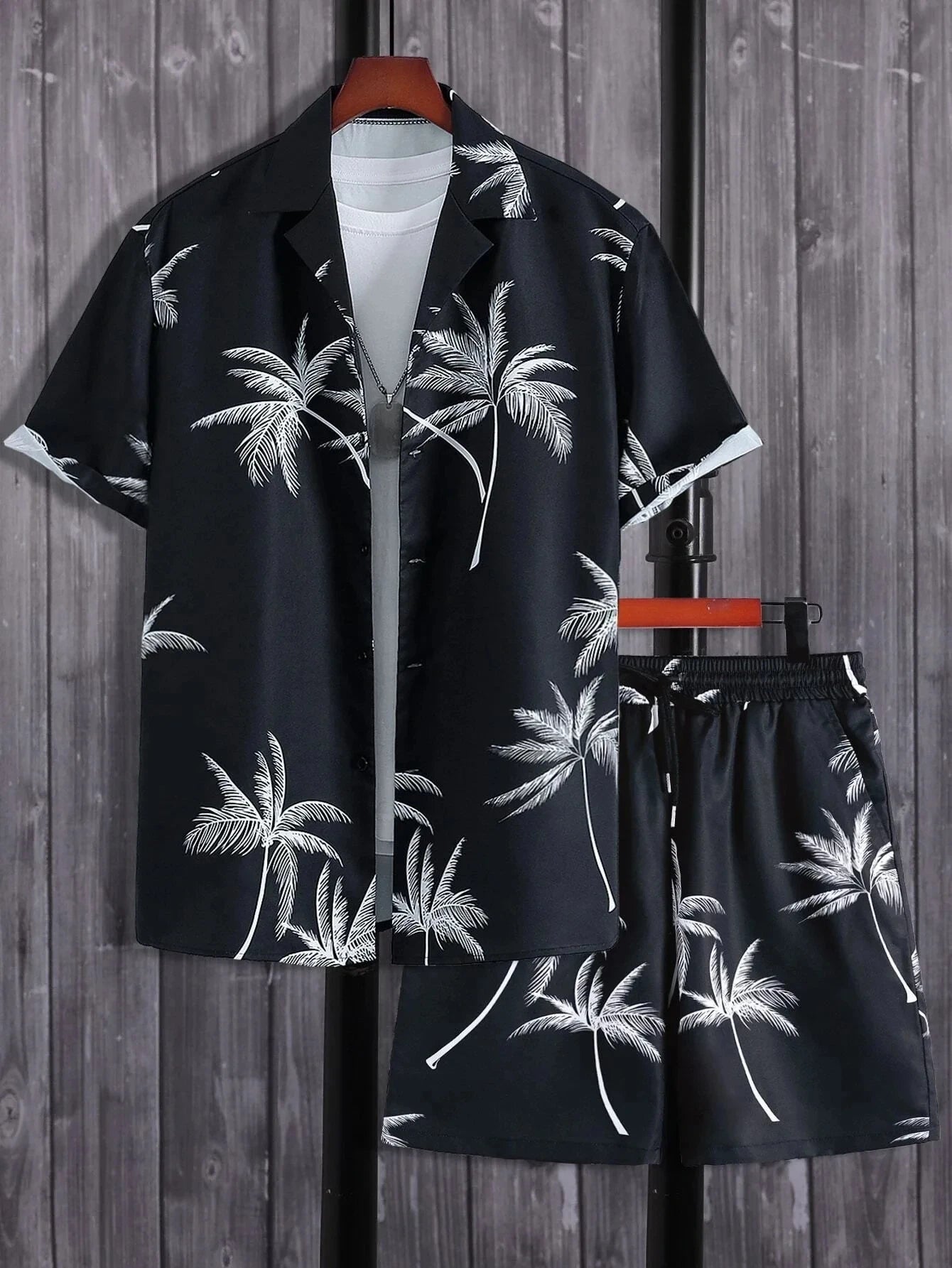 Men's Summer Streetwear Shirt Sets 3d Print Beach Coconut Tree Plaid Lapel Short