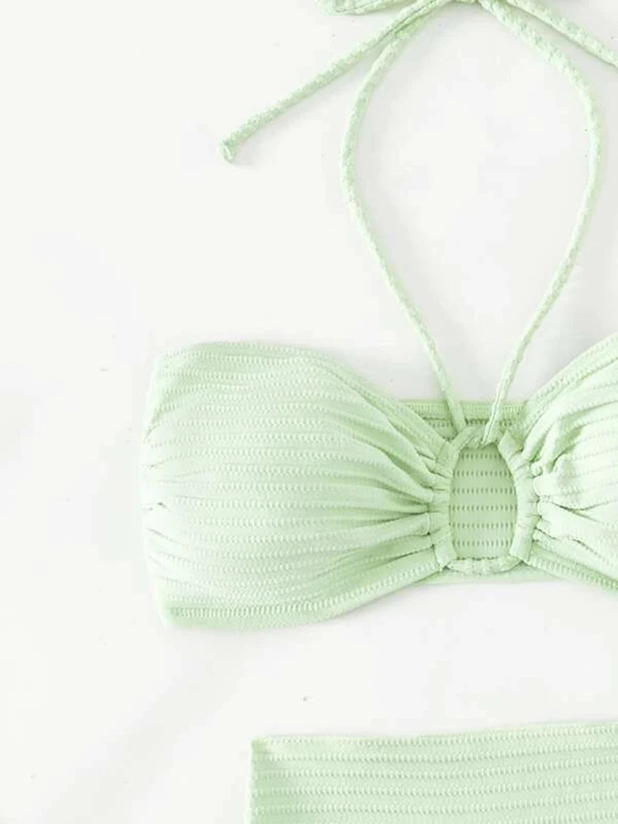 2025 Solid Halter String 3 Piece Bikini String Skirt Swimsuit